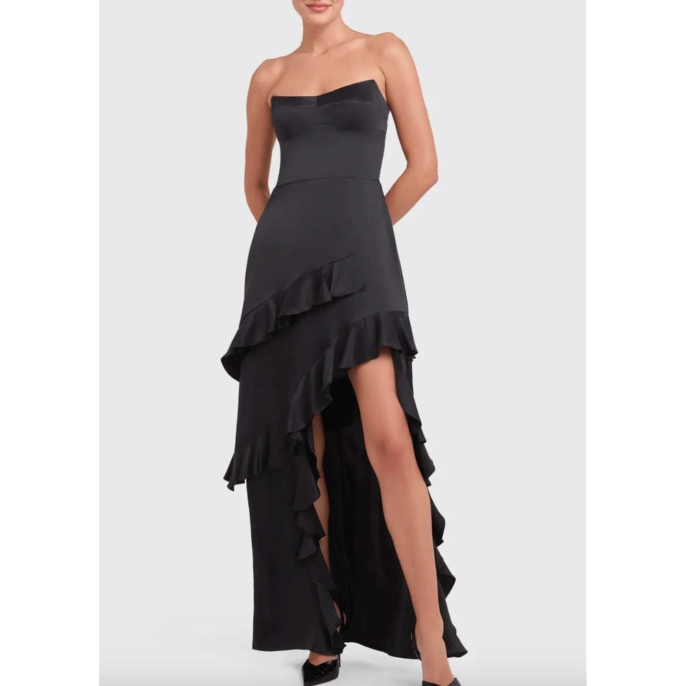 NWT Amanda Uprichard Black Magnolia Silk Strapless Ruffle High-Low Gown M‎